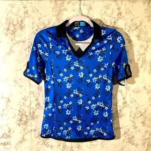 2-14 PGA TOUR blue black white floral v-cut short sleeve polo top XS
